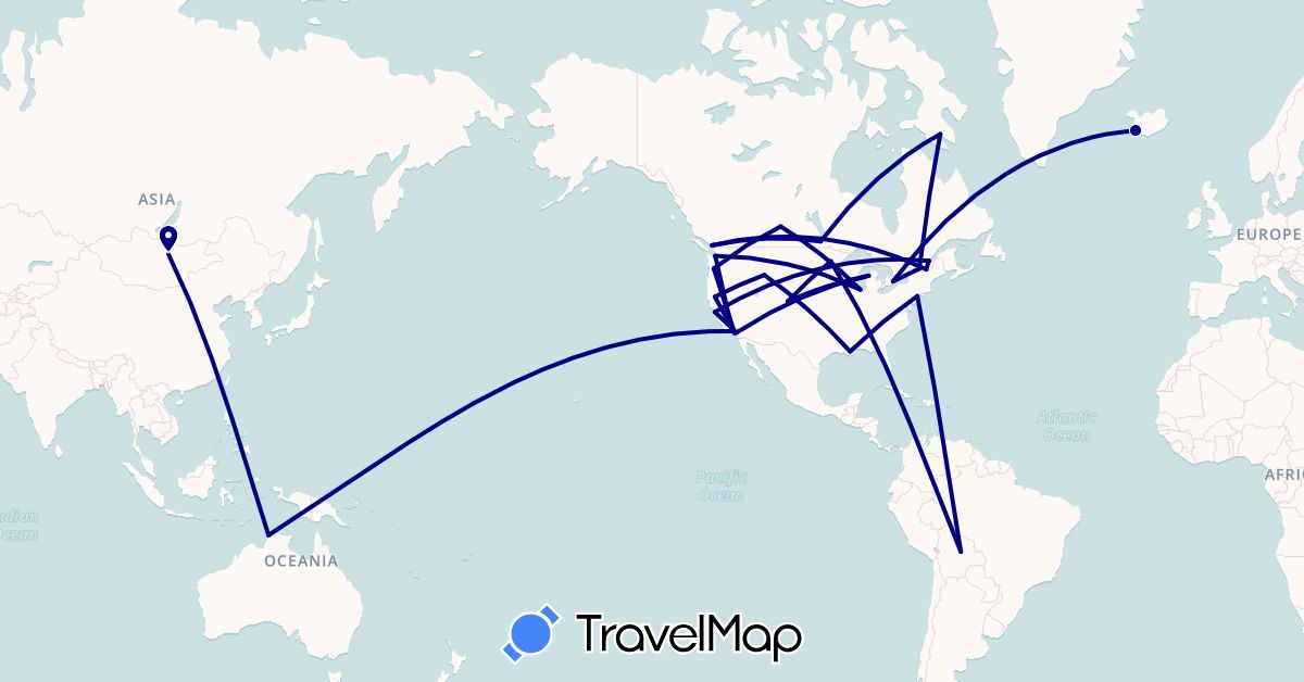 TravelMap itinerary: driving in Australia, Bolivia, Canada, Iceland, Mongolia, United States (Asia, Europe, North America, Oceania, South America)